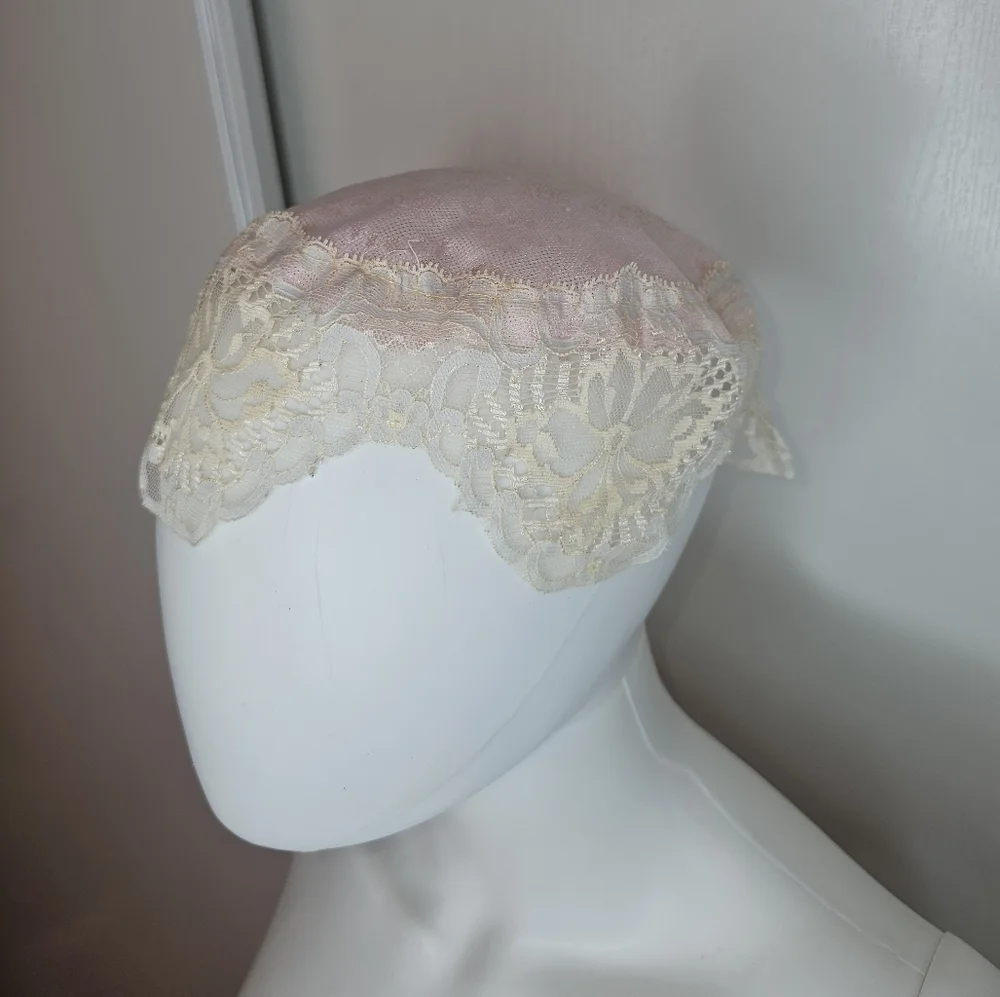 Elegant Cream/Pink Lace Trim Head Covering